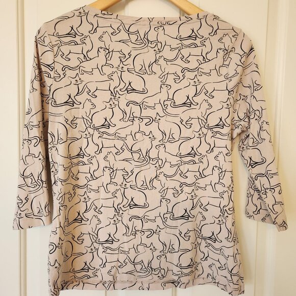 Kitty Cat Print Top Shirt Tan Black Whimsigoth Witchy Halloween Spirit Fairycore - Picture 3 of 15